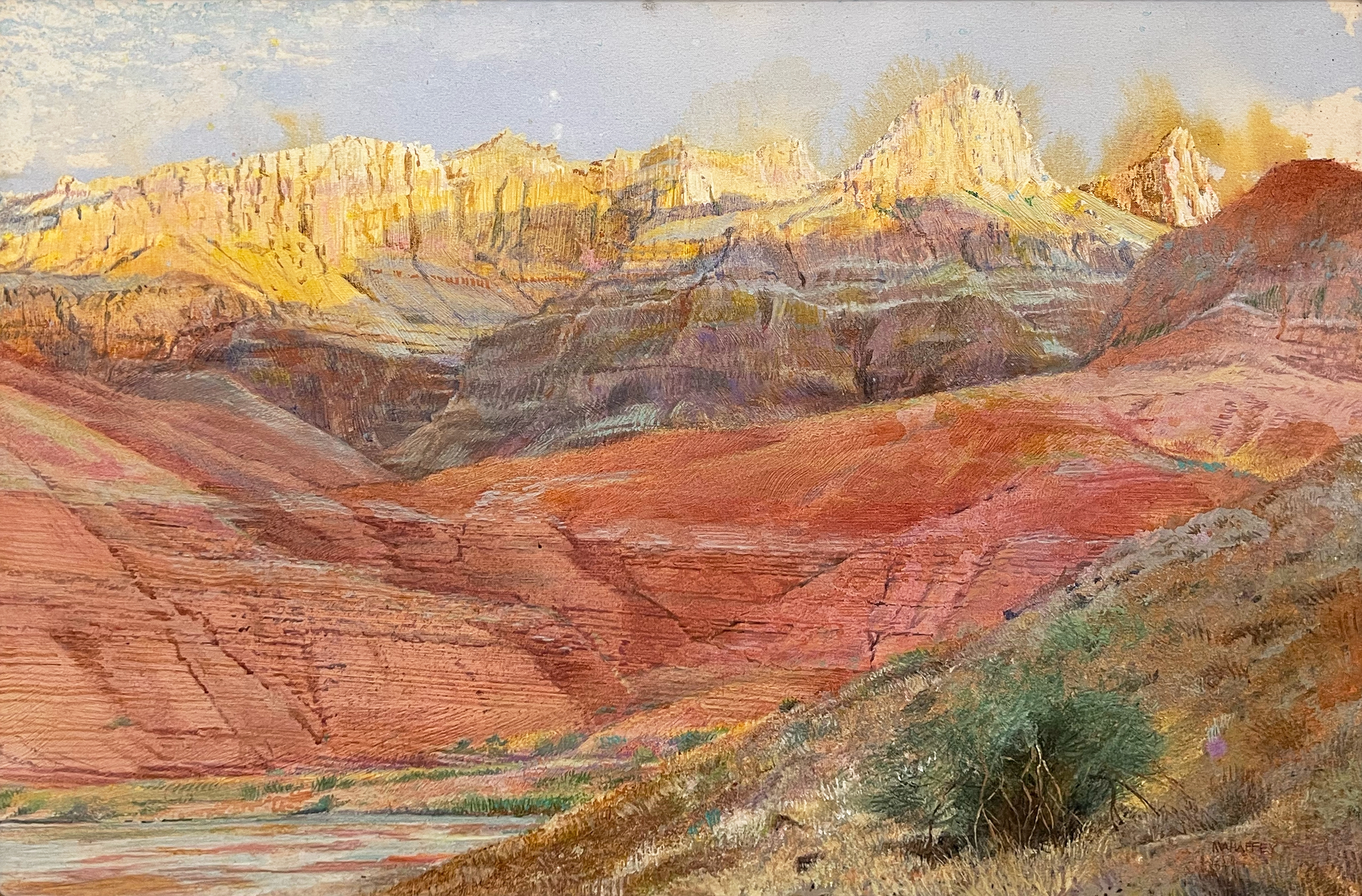 A colorful landscape painting of layered red rock formations under a bright sky.