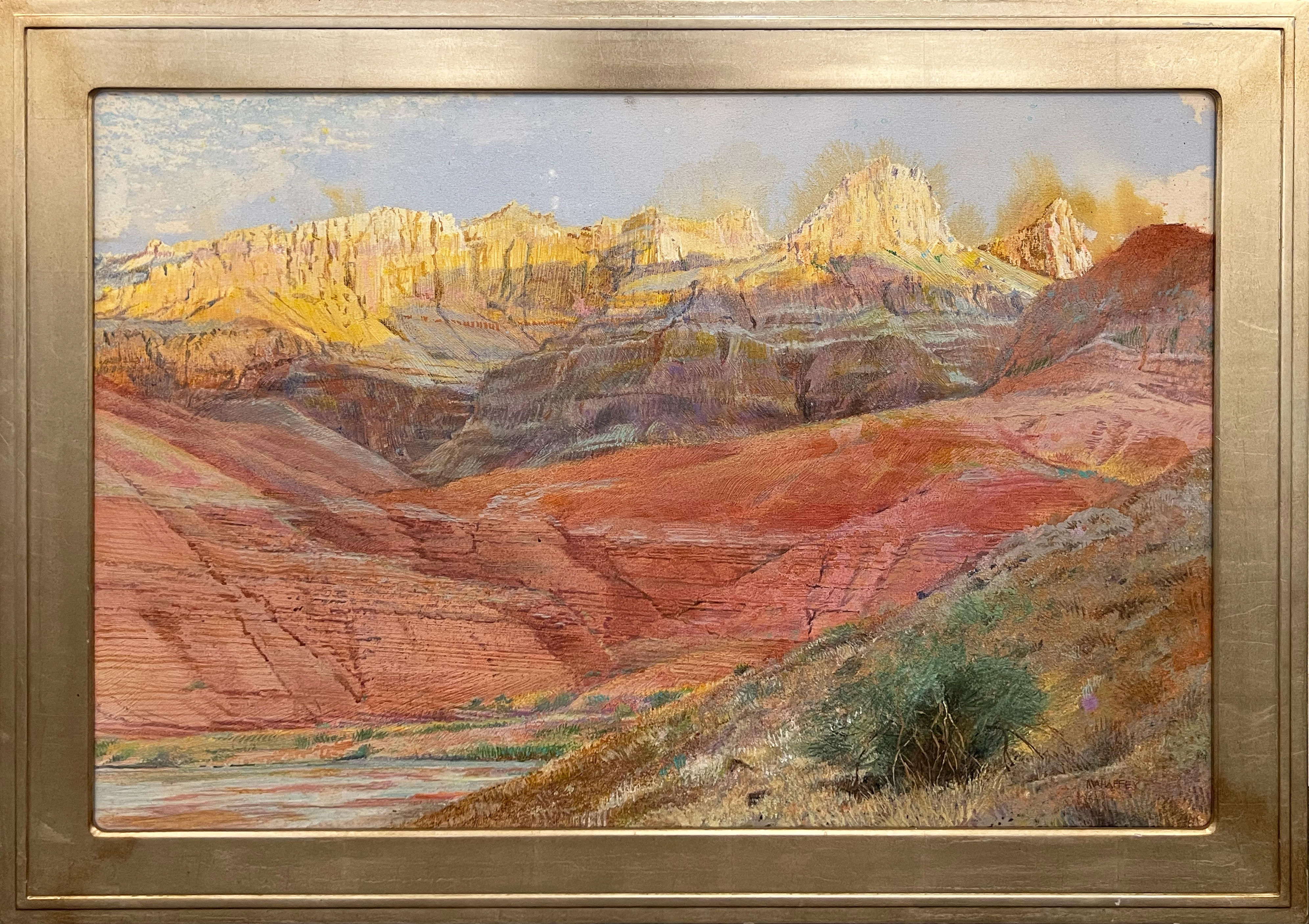 A colorful landscape painting of layered red rock formations under a bright sky.