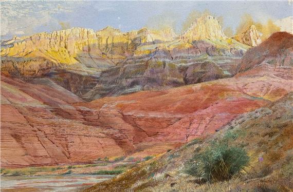 A watercolor landscape of a layered canyon with a river below.