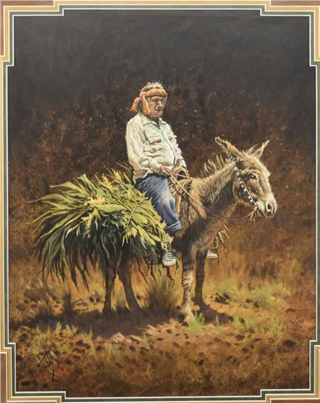 A figure rides a donkey carrying a large bundle of green leaves against a dark, textured background.