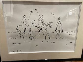 A dynamic line drawing of three figures on horseback engaged in a game of polo.