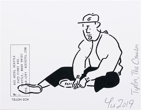 A black-and-white line drawing of a seated figure with a cap, rendered in a loose, sketchy style.