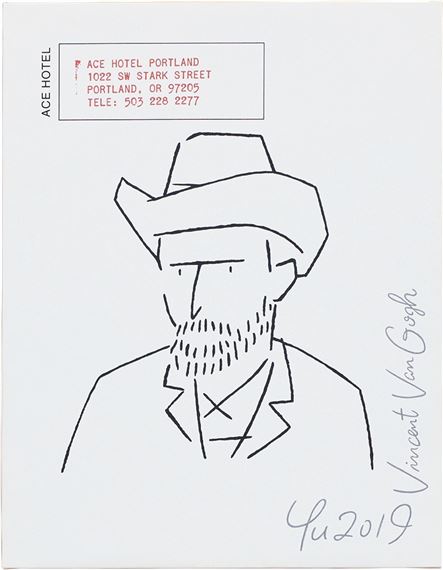 A minimalist line drawing of a bearded figure in a hat against a plain background with contact information.
