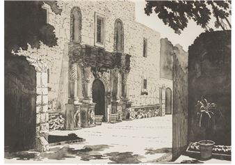 A monochromatic architectural study of an ornate stone courtyard with a central archway and surrounding foliage.