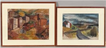 A diptych of framed watercolor landscapes depicting rustic rural scenes.