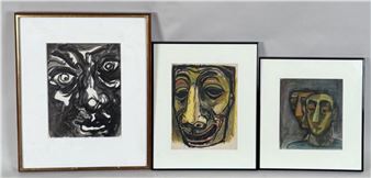Three framed prints display stylized, expressive faces in varying color palettes.