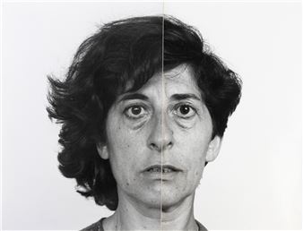A black-and-white portrait of a person with dark hair, split vertically down the face to reveal two different expressions.