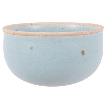 A minimalist ceramic bowl with a pale blue glaze and earthy rim.