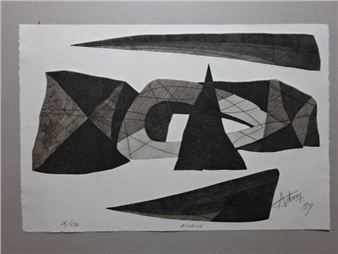 A monochromatic abstract composition featuring geometric shapes and textured shading.