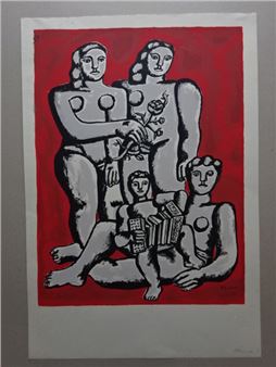 A bold graphic print of four stylized figures in a family group against a vibrant red background.