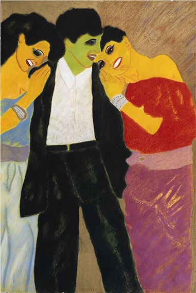 A vibrant, stylized portrait of three figures in a dynamic composition.