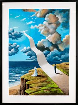 A surreal landscape where a white path winds from the sea into a dramatic sky, connecting two figures.