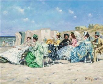 A group of elegantly dressed figures in a seaside setting, seated on simple chairs against a sandy backdrop.