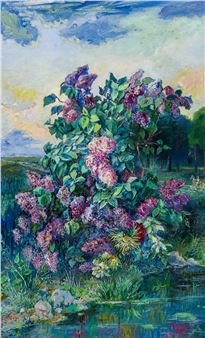A vibrant impressionist painting of a blooming lilac bush by a water's edge under a cloudy sky.