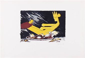A surreal print of a yellow figure being struck by a hand over a plate of food.