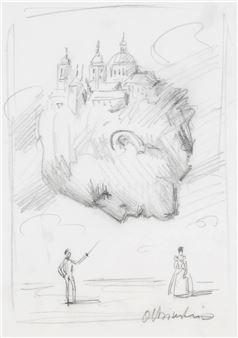 A sketch of a person pointing at a floating castle above a face.