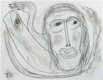 A sketch of a face with long hair and an abstract shape beside it.