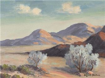 A serene landscape painting of a desert valley with distant mountains and white-leafed trees.