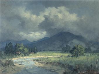 A moody landscape painting featuring a river, distant mountains, and heavy clouds.