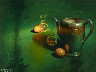 A still life painting featuring a metallic pitcher, glass bottles, and fruit on a textured green surface.