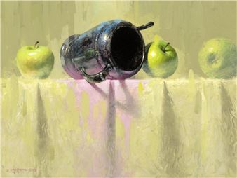 A still life painting featuring a dark ceramic vessel and green apples on a draped tablecloth.