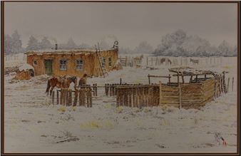 A wintry rural scene featuring a rustic building, wooden fences, and horses in the snow.