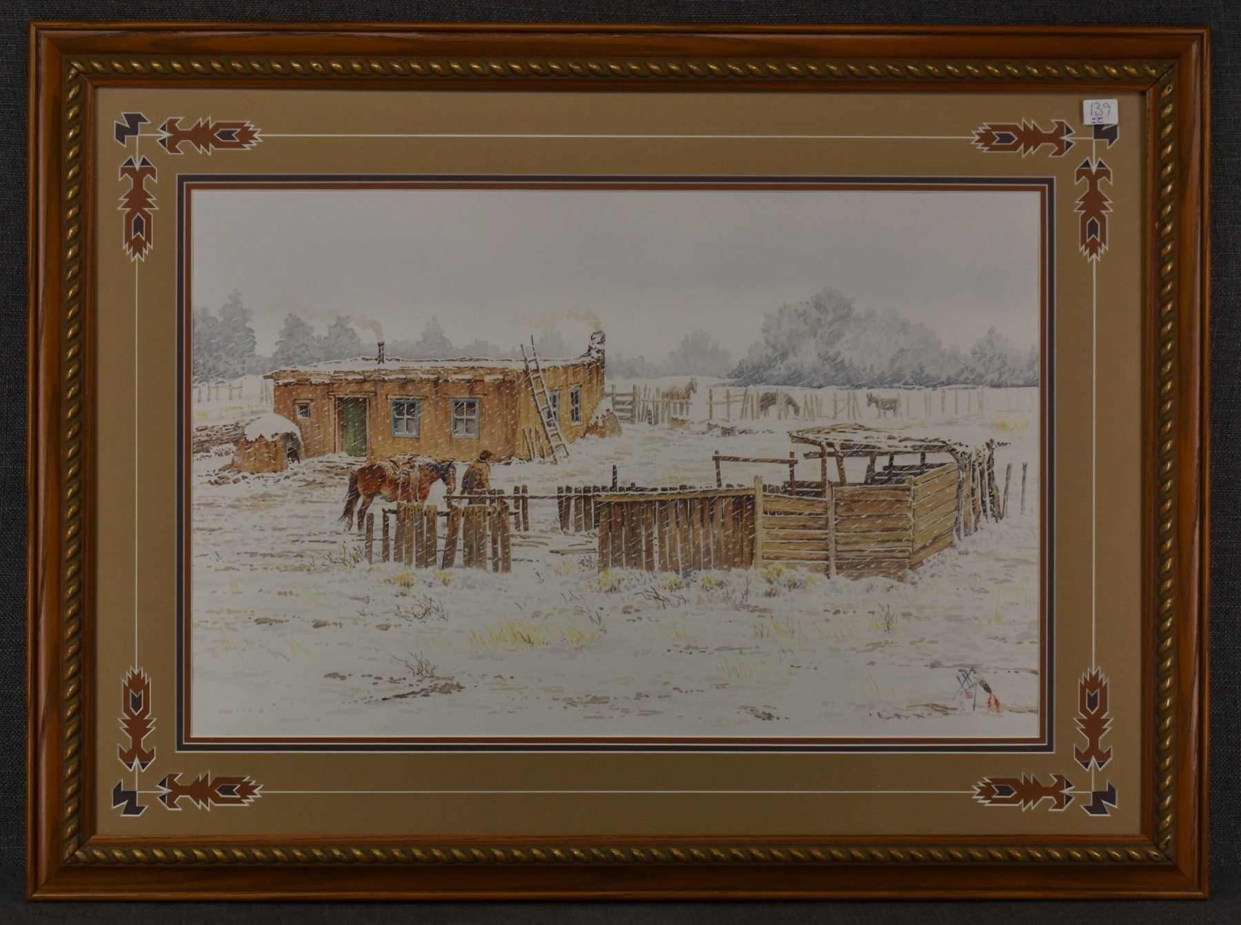 A wintry rural scene featuring a rustic building, wooden fences, and horses in the snow.