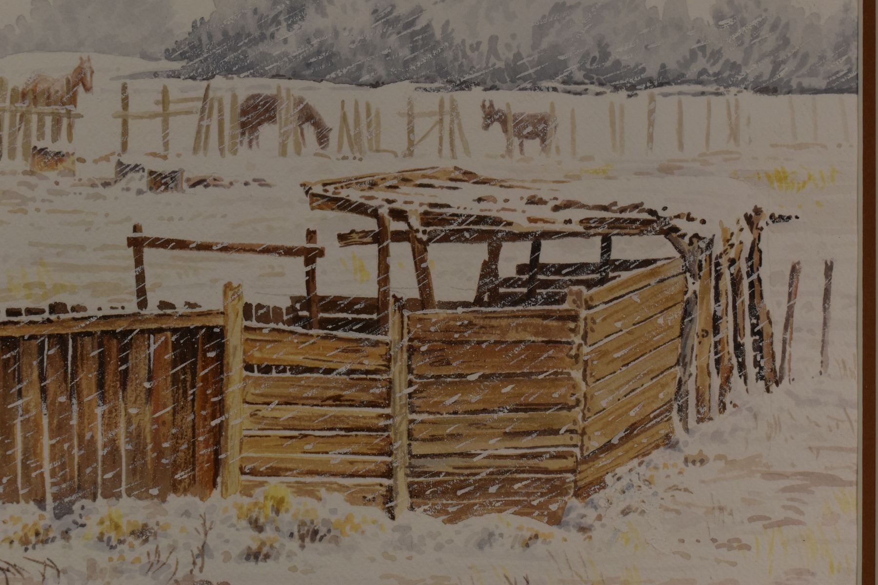 A wintry rural scene featuring a rustic building, wooden fences, and horses in the snow.