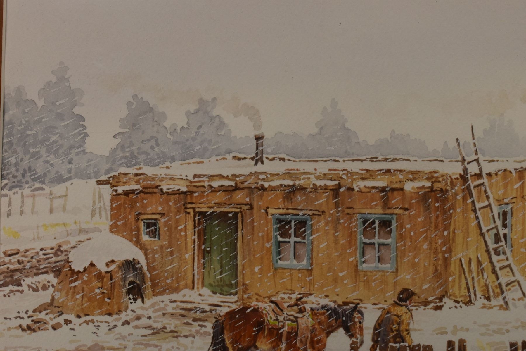 A wintry rural scene featuring a rustic building, wooden fences, and horses in the snow.