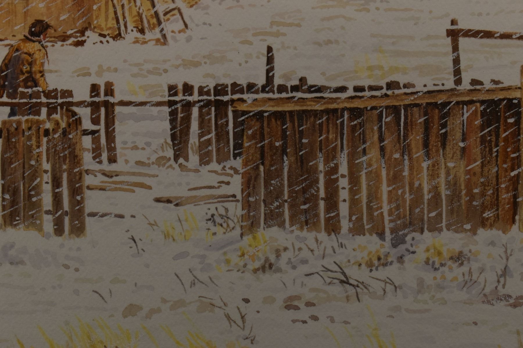 A wintry rural scene featuring a rustic building, wooden fences, and horses in the snow.