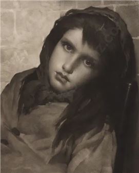 A monochromatic portrait of a young figure with a somber expression and dark hair.