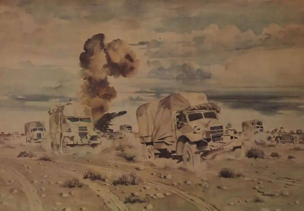 Peter McIntyre | Convoy Under Shellfire at Sidi Rezegh | MutualArt