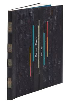 A black hardcover book with a textured cover and colorful vertical lines.