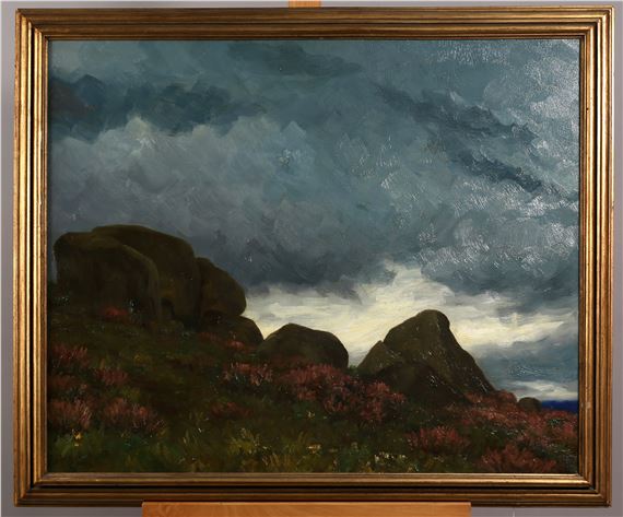 A dramatic landscape painting featuring a rocky hillside under a brooding sky.