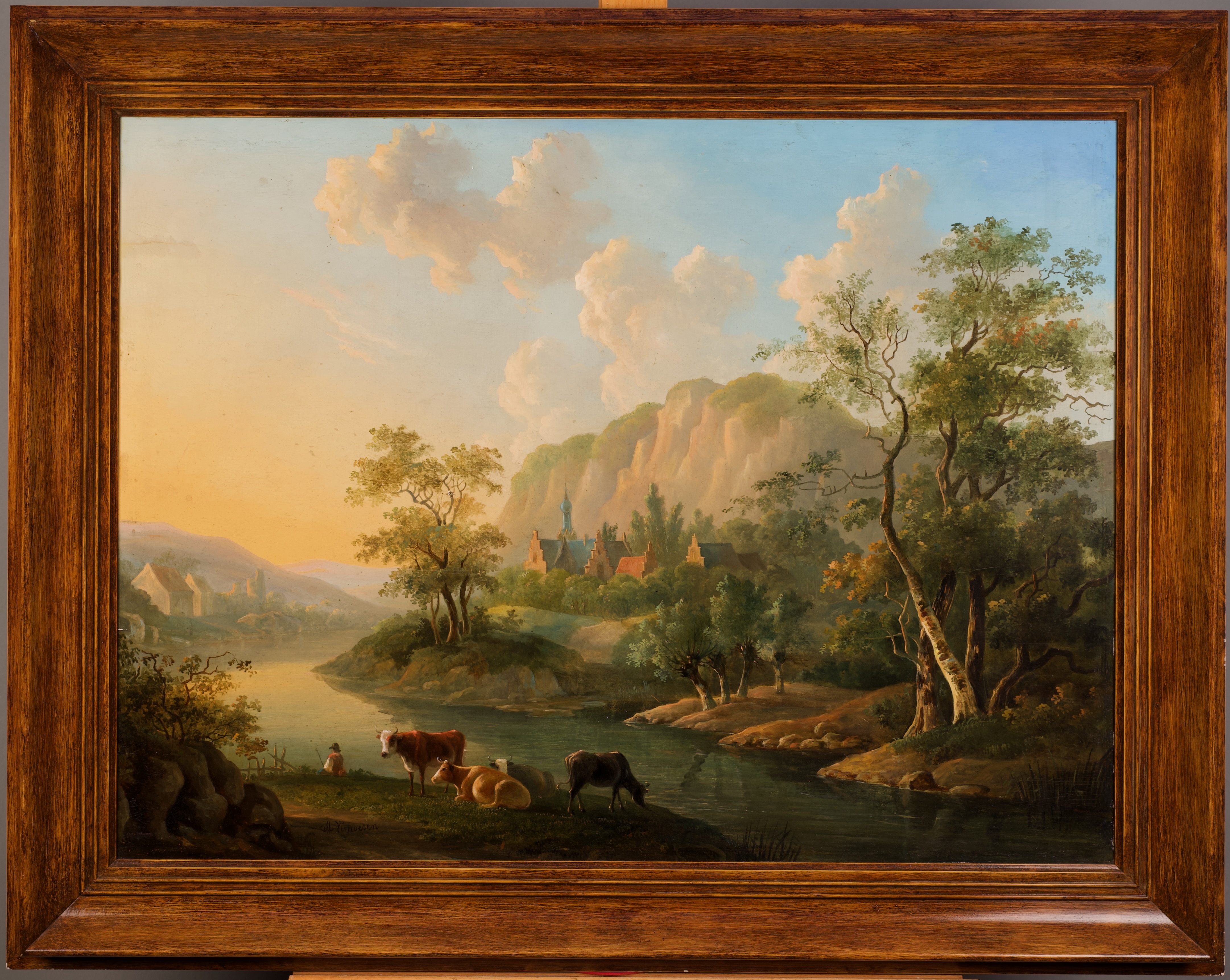 A pastoral landscape painting featuring a river, cattle, and distant hills under a soft sky.