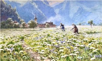 A pastoral watercolor scene of two figures harvesting in a field of wildflowers with distant mountains and a village.