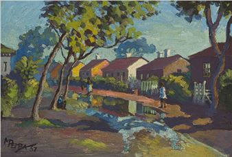 A vibrant impressionist painting of a sunlit village street with colorful houses, trees, and a stream.