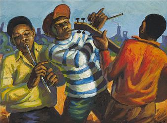 A vibrant painting of three figures playing wind instruments against an industrial backdrop.