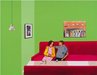 A vibrant pop-art painting of two figures sitting on a red sofa in a brightly colored room.