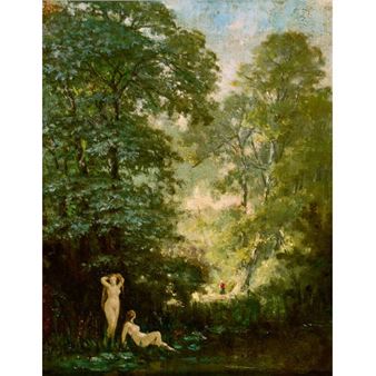 A serene landscape painting featuring two nude figures in a sunlit forest clearing.