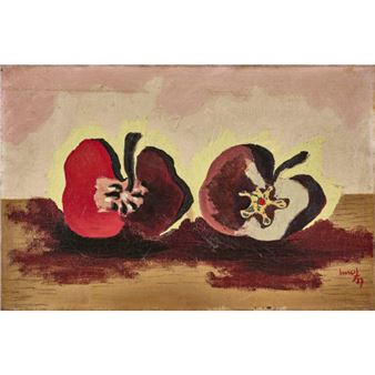A still life painting of two halved apples resting on a wooden surface.