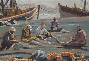 A group of figures in a harbor setting, surrounded by boats and fishing gear.