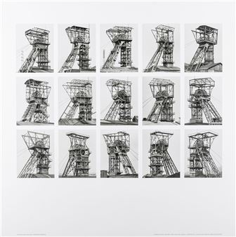 A grid of black-and-white photographs showcasing industrial mining structures from various angles.