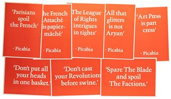 A graphic print featuring six orange rectangular cards with white text quotes.