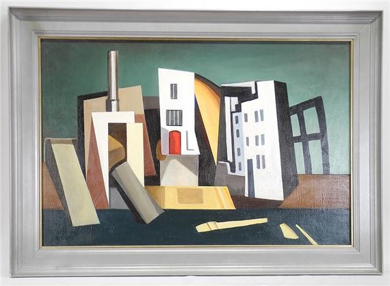 A geometric cityscape featuring stylized buildings and architectural forms.
