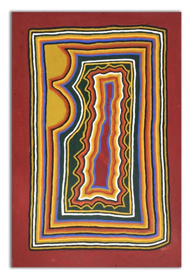 A vibrant abstract composition featuring concentric, wavy bands of color on a deep red background.