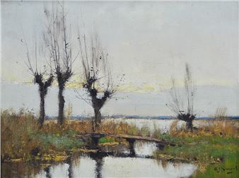 A muted landscape painting of a small bridge over water with bare trees against a pale sky.