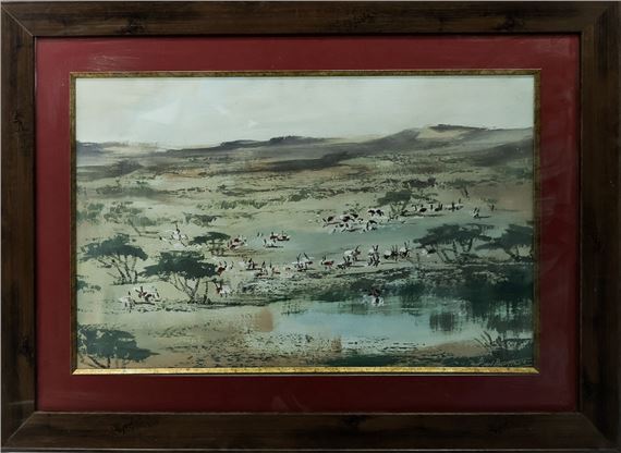 A framed landscape painting depicting a herd of animals crossing a river in a dry, hilly terrain.