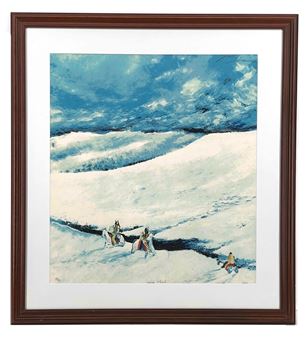 A framed painting of a snowy landscape with figures on horseback under a dramatic blue sky.