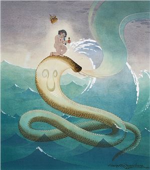 A surreal illustration of a figure riding a giant snake amidst stylized waves.